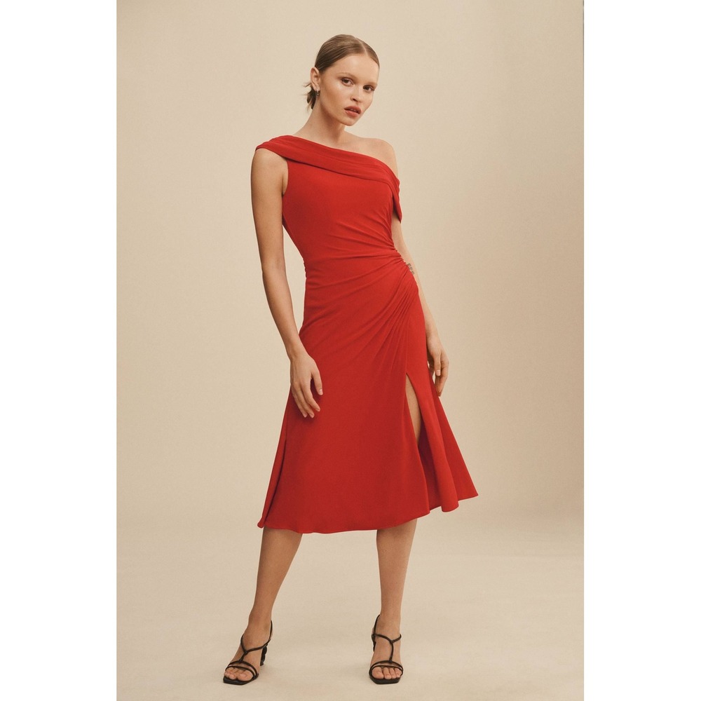 Ieena for Mac Duggal Red One Shoulder Ruched Jersey Midi Dress Size 14